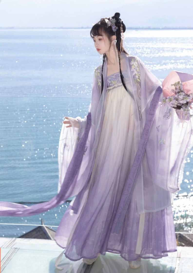 Women Tang Style 4-Piece Lilac Floral Embroidered Chiffon Hanfu Set| HANFUBAO