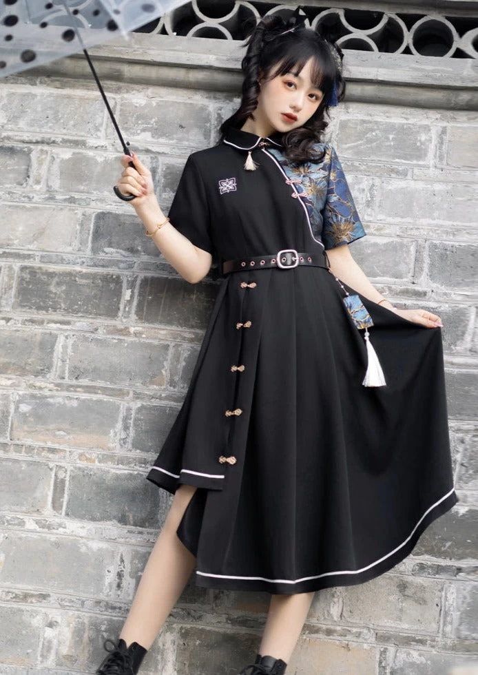 Women's Modern Black Lolita Daily Hanfu Dress, Plus Size | HANFUBAO