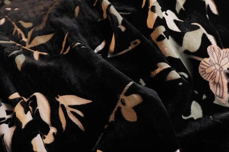 Women's Velvet Qipao Dress Black Bamboo Print, High Slit | HANFUBAO