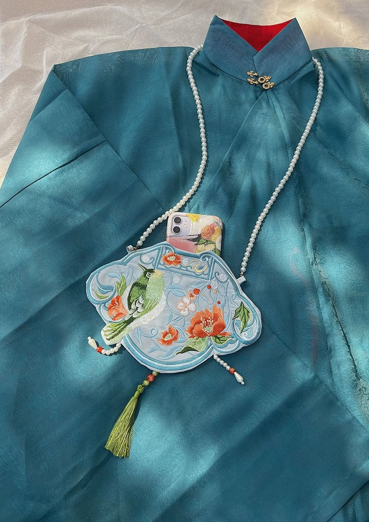 Unisex Hanfu Style Embroidered Bird Blue  Crossbody Bag 17x25cm | HANFUBAO