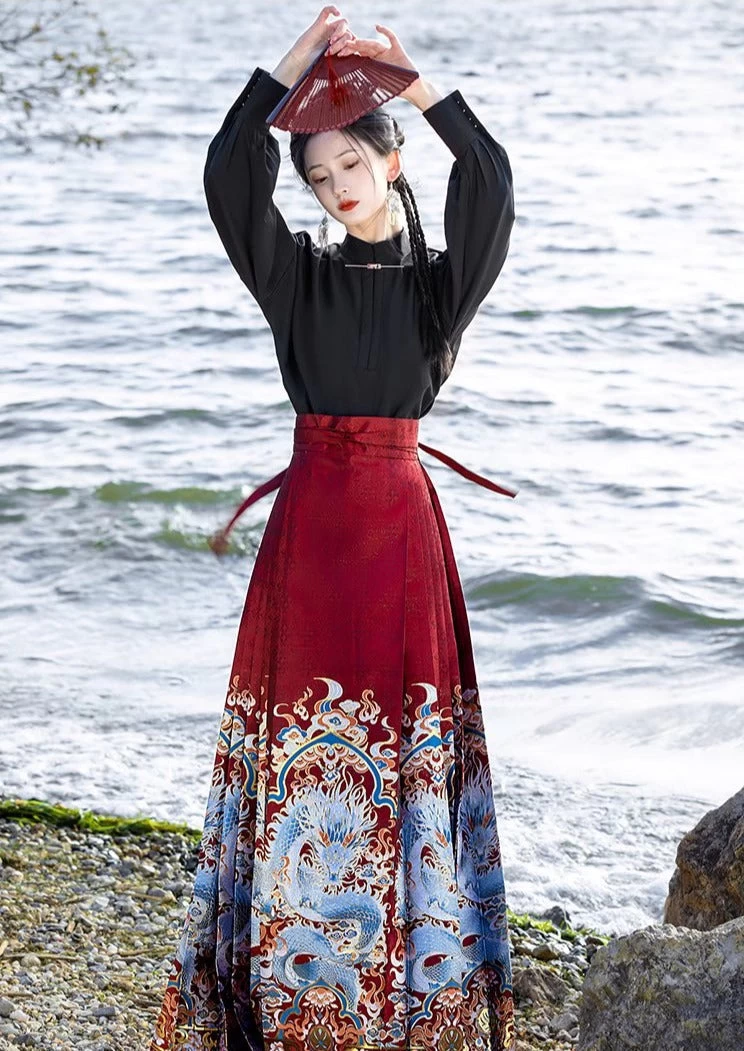 Women's Daily Hanfu Modern Ma Mian Skirt Dragon Embroidery Plus Size | HANFUBAO