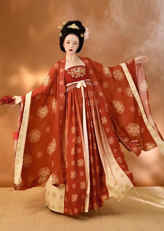 Women Modern Chiffon Hanfu Set Red Vintage Flower | HANFUBAO