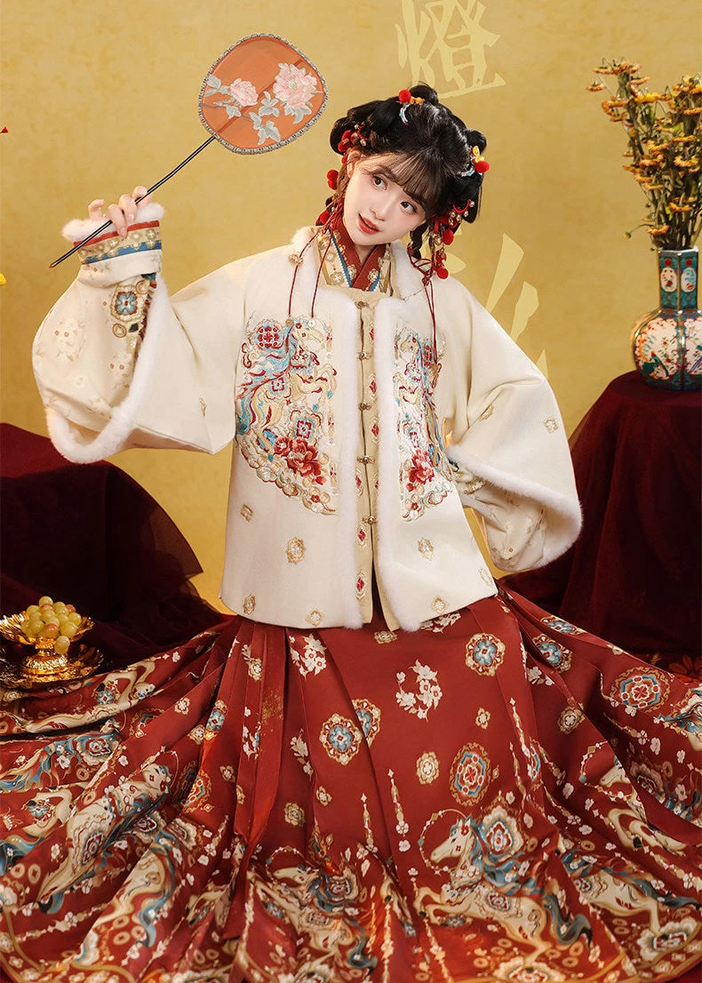 Women 3-Piece 2026 New Year Ming Hanfu Set, Celestial Steed Embroidery| HANFUBAO
