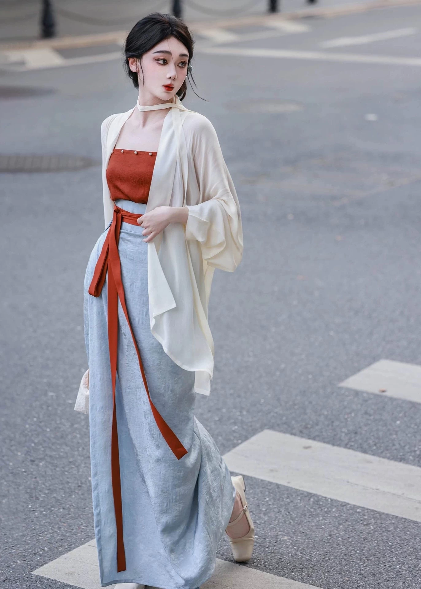 Women 3-Piece Daily Hanfu Set Mist Wait Tencel Skirt Top Cover-Up | HANFUBAO