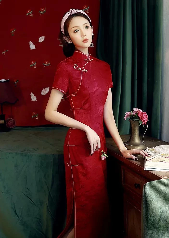 Women’s Acetate Satin Modern Hanfu Qipao Dress Wine Red | HANFUBAO