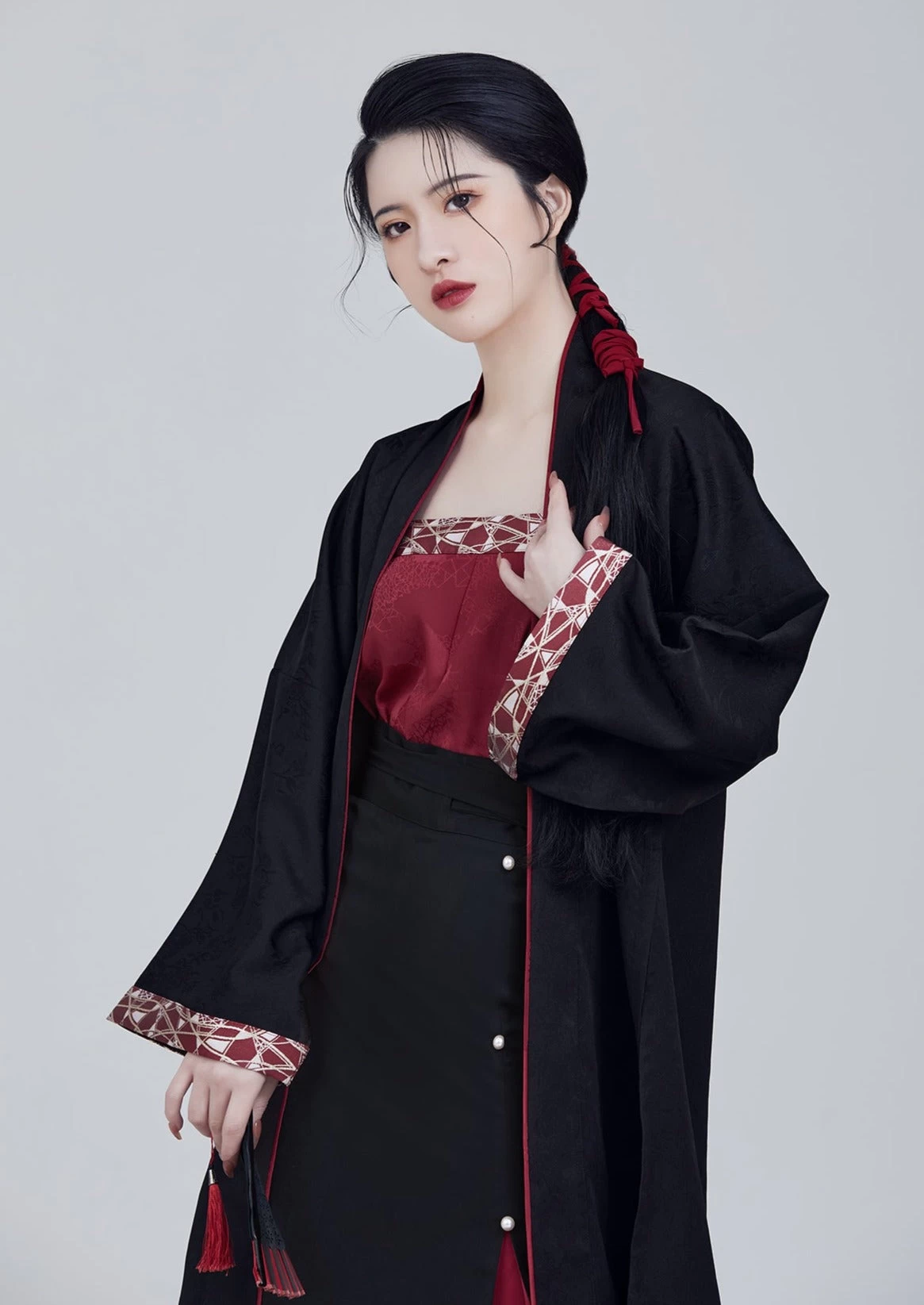 Women Modern Black Daily Hanfu Set Skirt+Top+Coverup | HANFUBAO