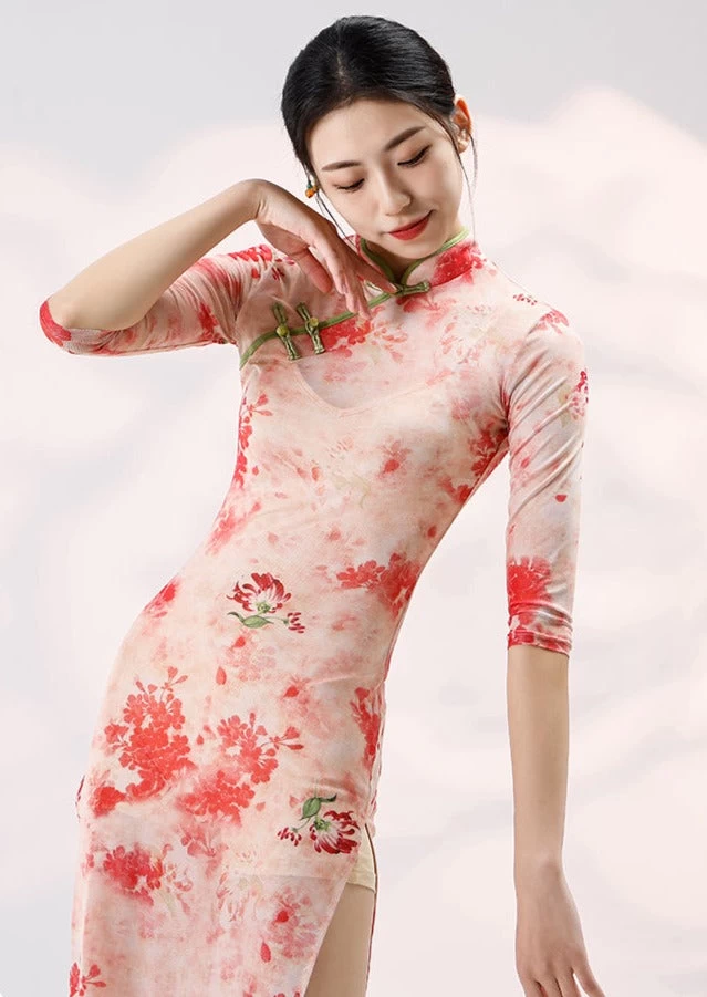 Women Modern Hanfu Stretch Dance Dress Set Rose Deer Print| HANFUBAO