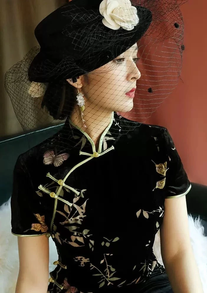 Women's Velvet Qipao Dress Black Bamboo Print, High Slit | HANFUBAO