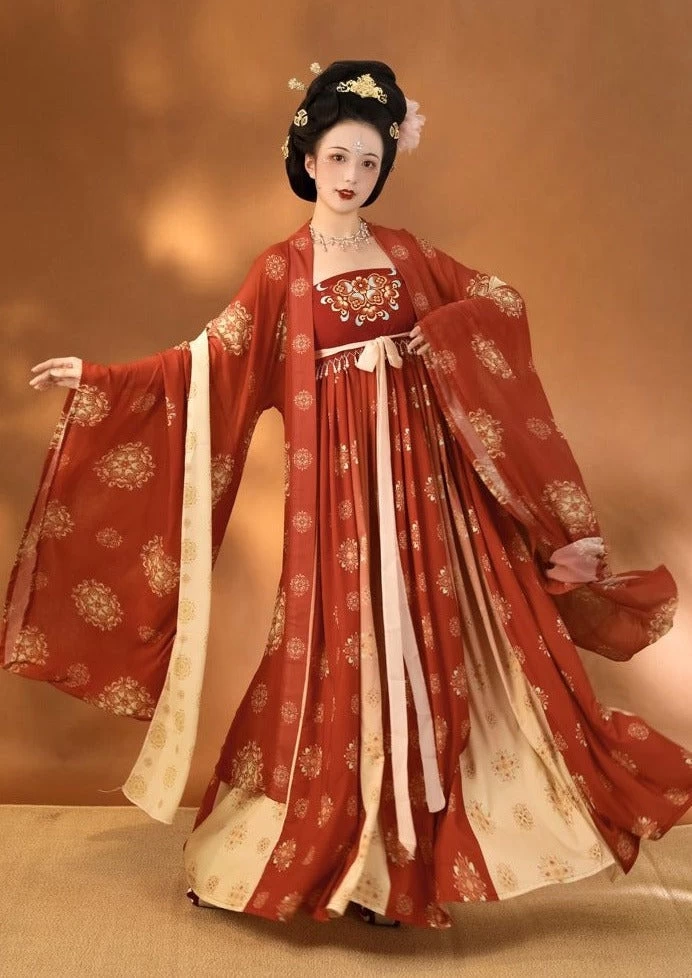 Women Modern Chiffon Hanfu Set Red Vintage Flower | HANFUBAO