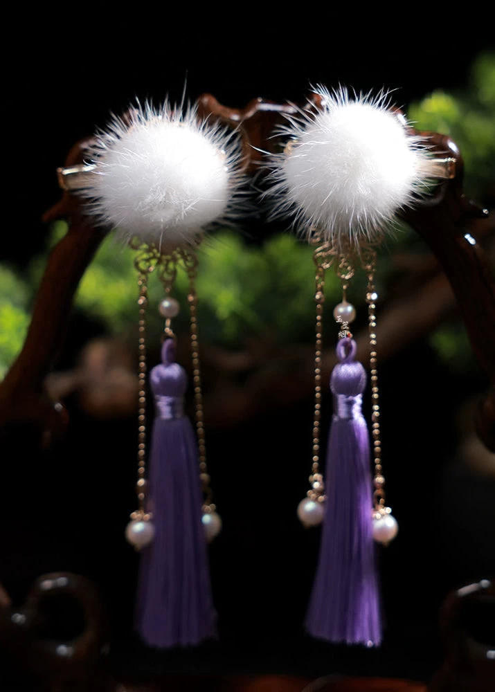Unisex Hanfu Mink Fur Pom Hair Pieces Snowball White Set of 2 | HANFUBAO