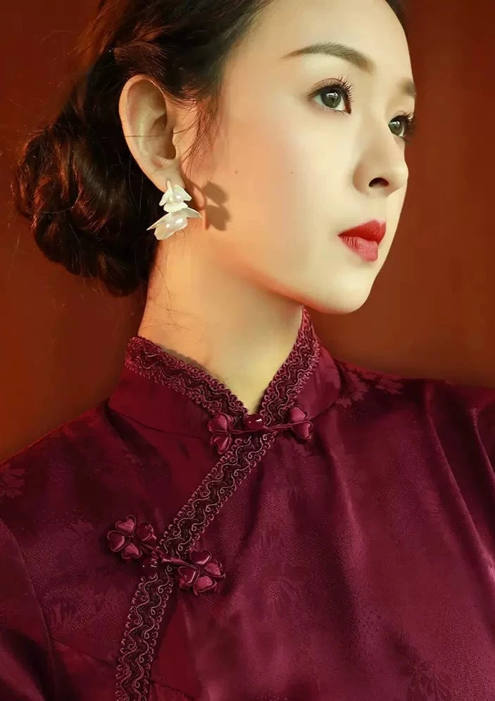 Women Acetate Satin Modern Hanfu Red High-Slit Qipao Dress | HANFUBAO