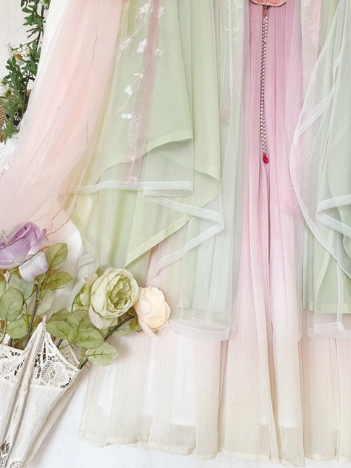 Women 5-Piece Pink Summer Hanfu Dress Set, Chiffon Scarf Daily Wear | HANFUBAO