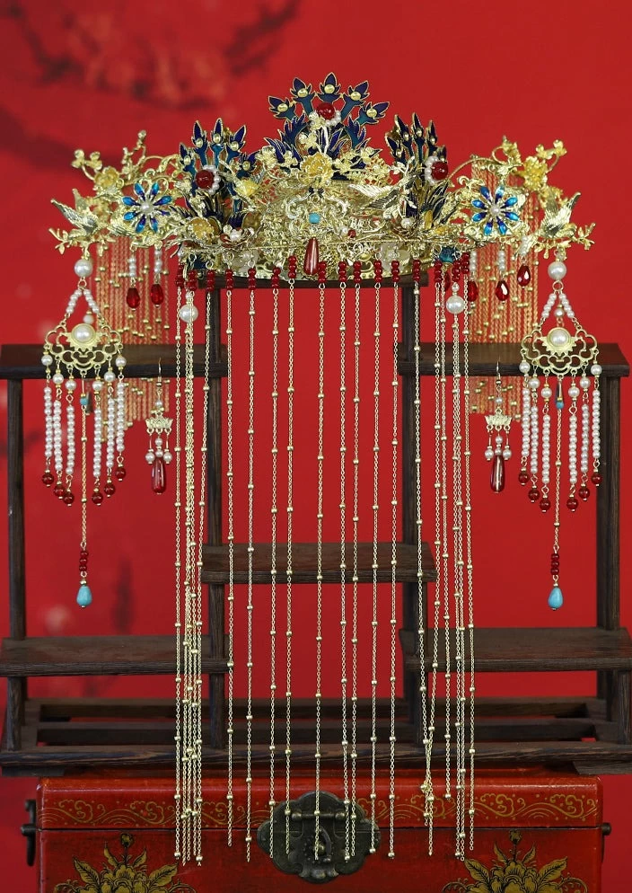 Women Hanfu Beaded Curtain Bridal Hair Chain & Earrings Alloy| HANFUBAO