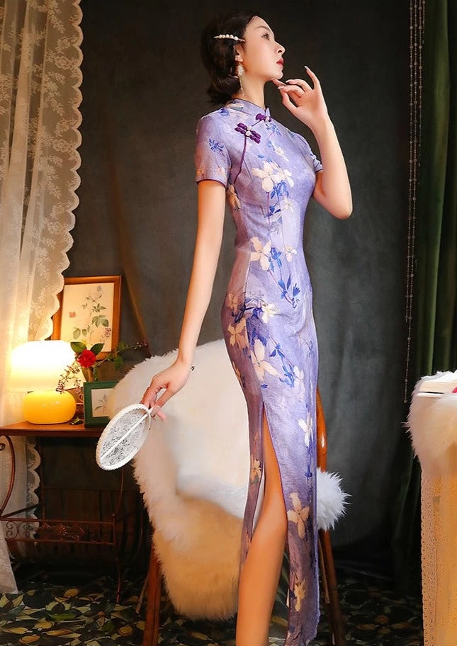 Women Modern Hanfu Linen Qipao Purple Magnolia Print | HANFUBAO