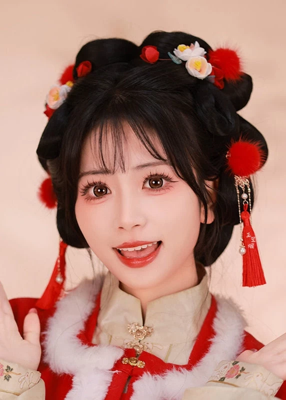 Unisex Hanfu Mink Fur Pom Hair Pieces Snowball White Set of 2 | HANFUBAO