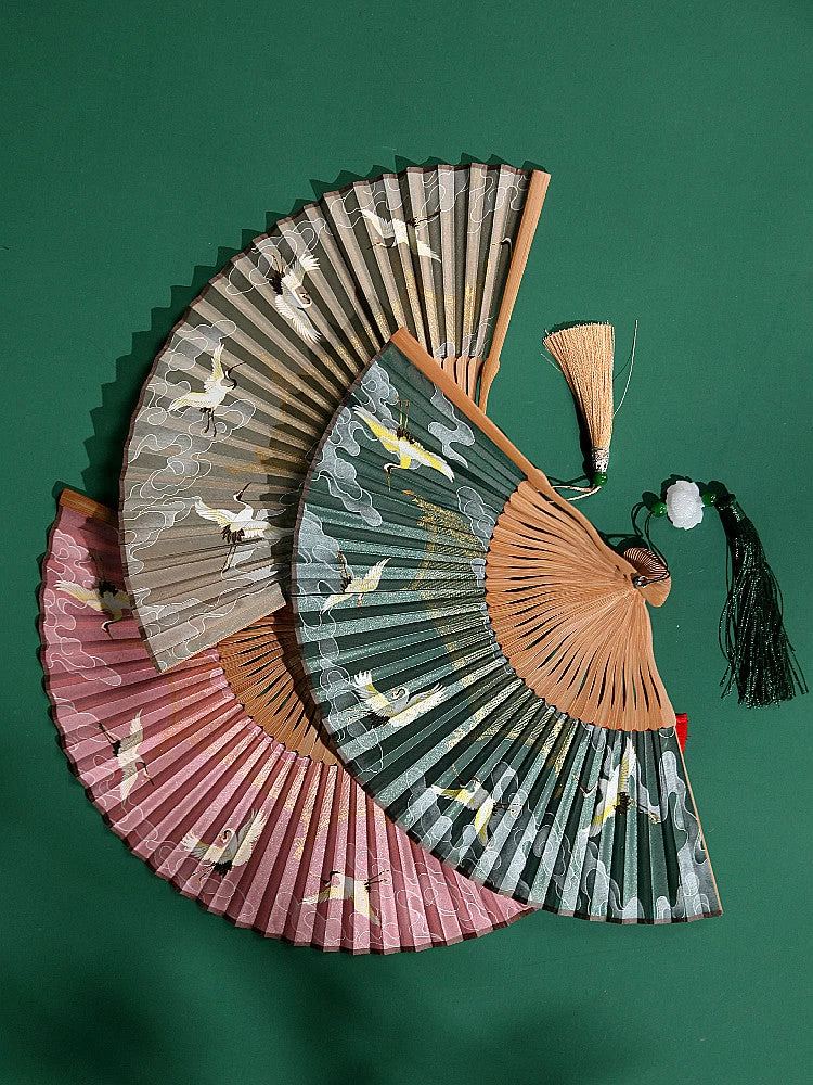 Flying Crane Folding Tassels Hand Fan,  Bamboo for Hanfu Cosplay | HANFUBAO