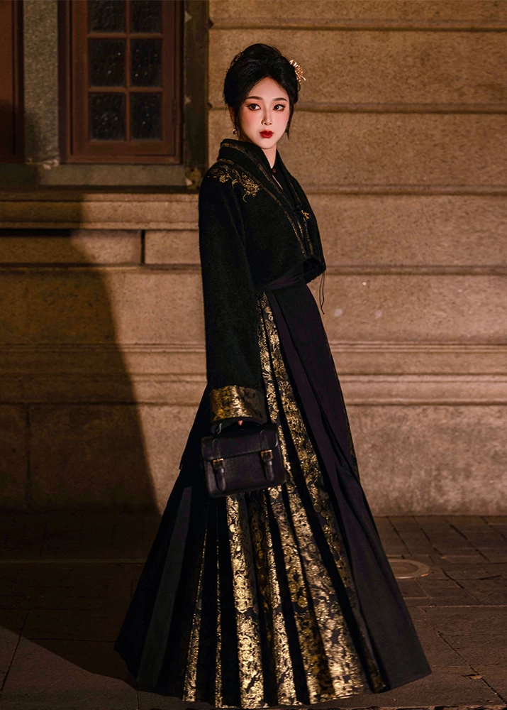 Women  Modern Hanfu 3-Piece Set Black Gold Floral Plus Size| HANFUBAO