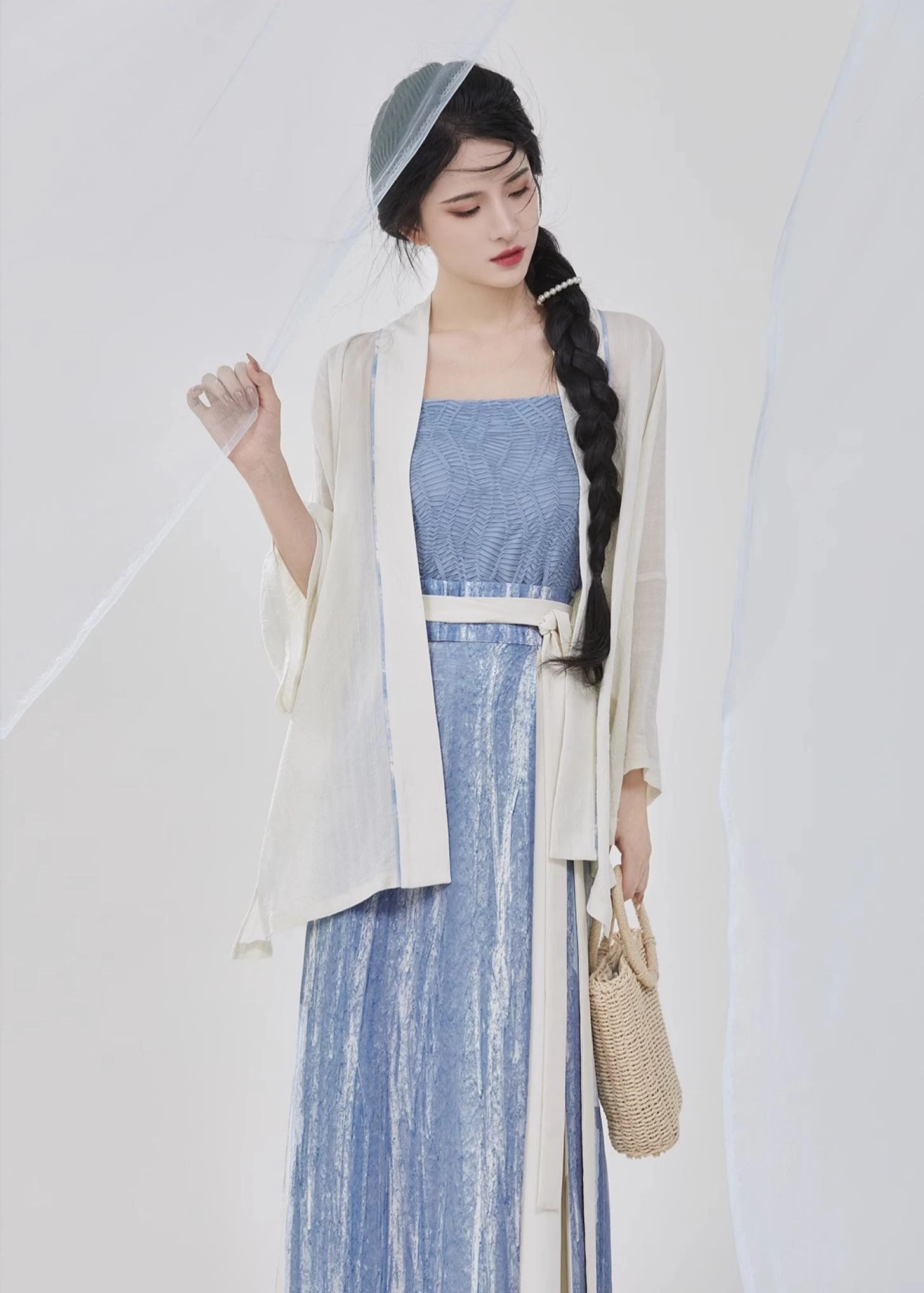 Women Modern Chiffon Hanfu 3-Piece Set Sea Breeze Blue | HANFUBAO