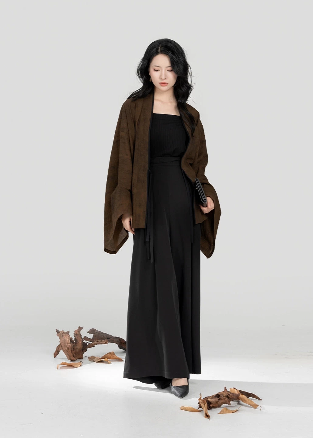 Women’s Modern 3-Piece Daily Hanfu Pants Set in Elm Brown | HANFUBAO