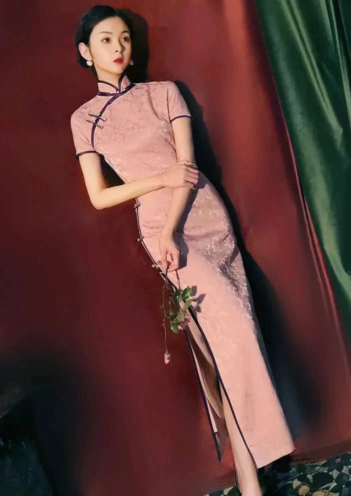 Women’s Satin Qipao Dress Blue Floral High Slit Evening Party | HANFUBAO