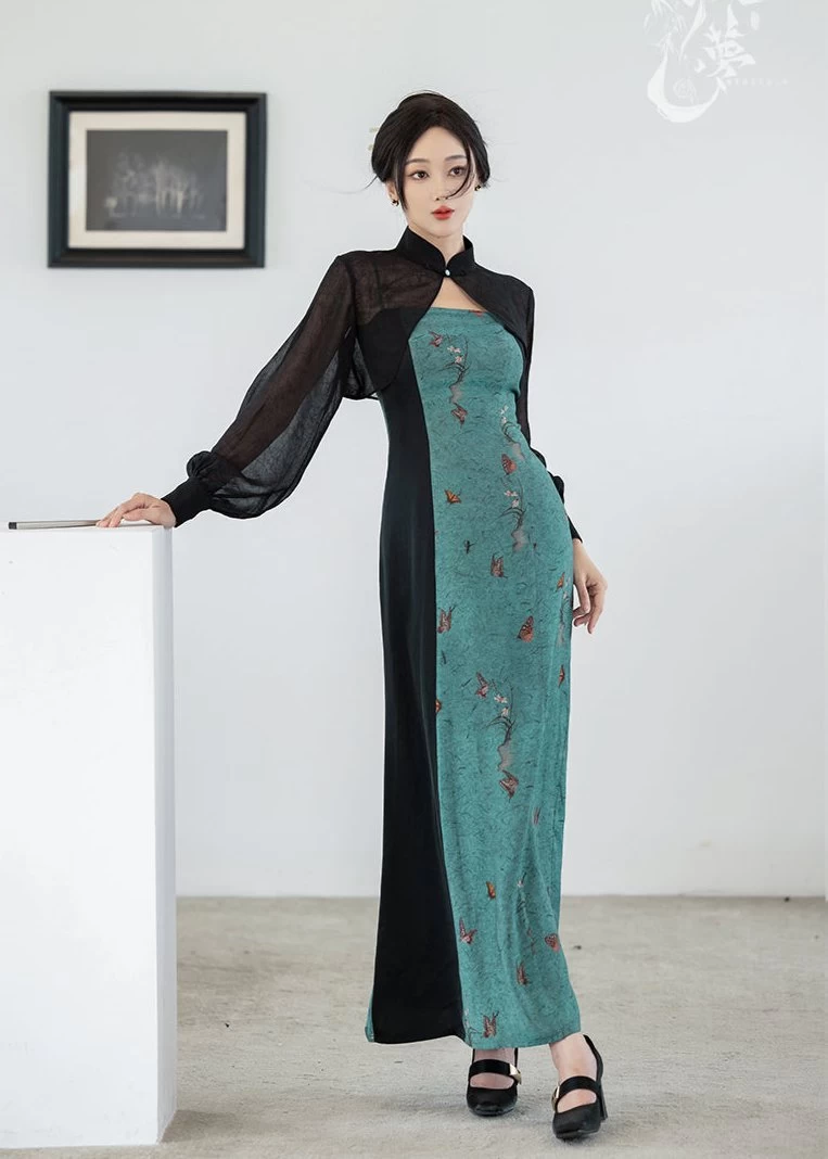 Women Modern 2-Piece Qipao Dress Set Azure Smoke Cotton Blend Daily Wear | HANFUBAO