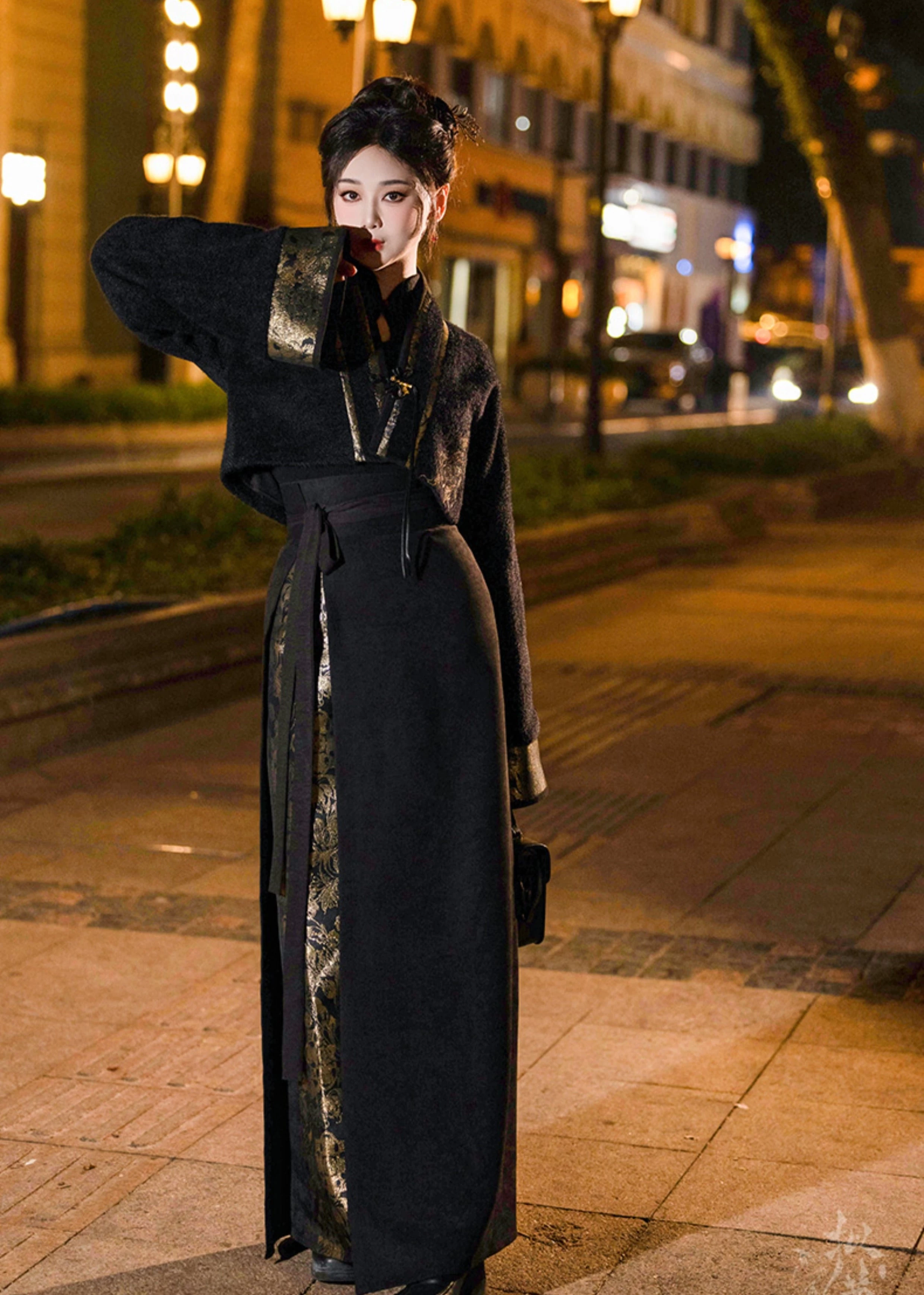 Women  Modern Hanfu 3-Piece Set Black Gold Floral Plus Size| HANFUBAO