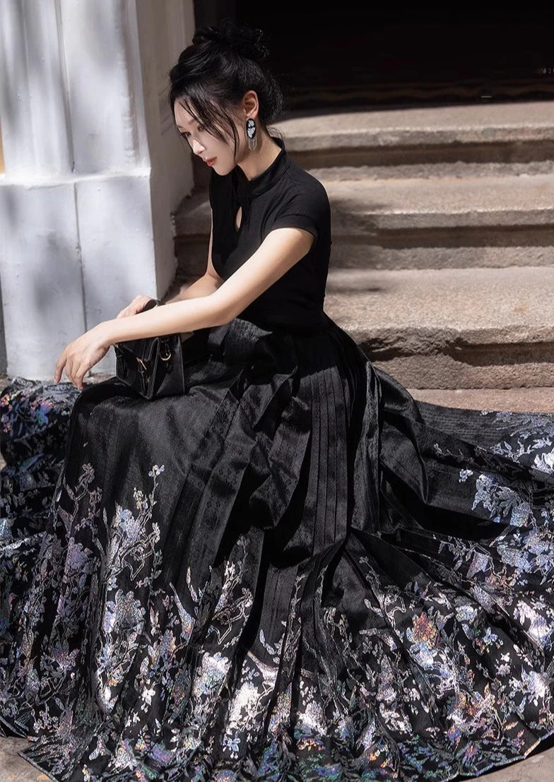 Women's Modern 2-Piece Ma Mian Skirt Hanfu Set Embroidered Polyester| HANFUBAO