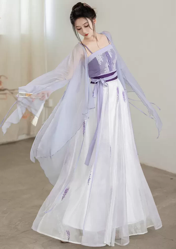 Women’s Artificial Silk Modern Hanfu 3-Piece Set Purple Wisteria | HANFUBAO