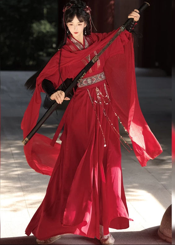 Unisex Modern Daily Hanfu 5-Piece Set Red Pattern | HANFUBAO