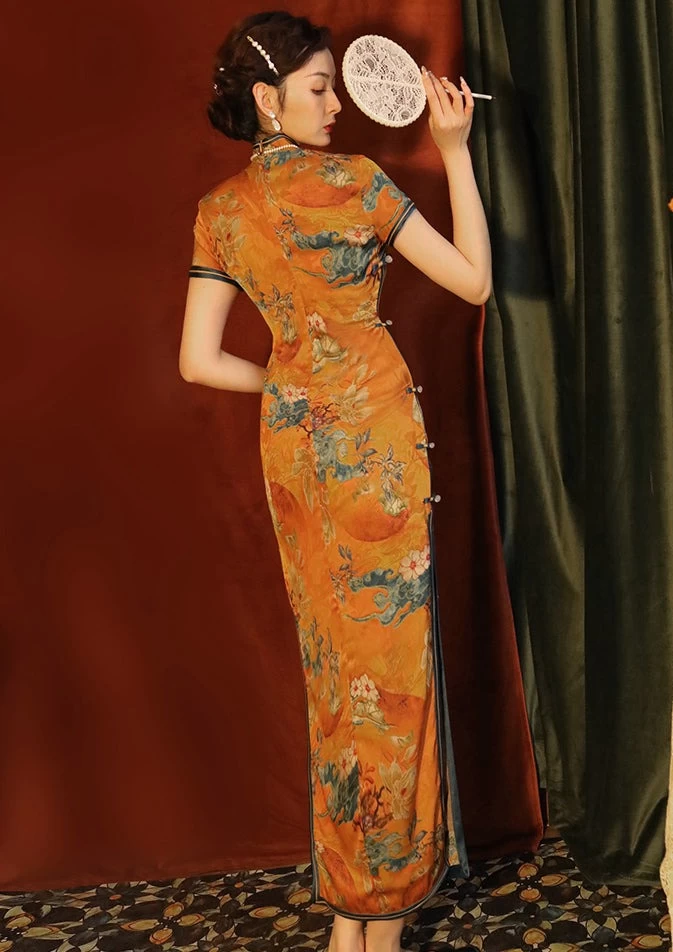 Women Modern Hanfu Gambiered Gauze Yellow Printed Qipao Dress | HANFUBAO