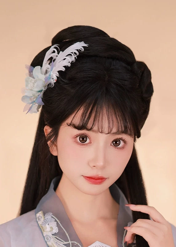 HANFUBAO | Women Shrink Plastic Hanfu Hair Clips Pair White Crane Floral Feather