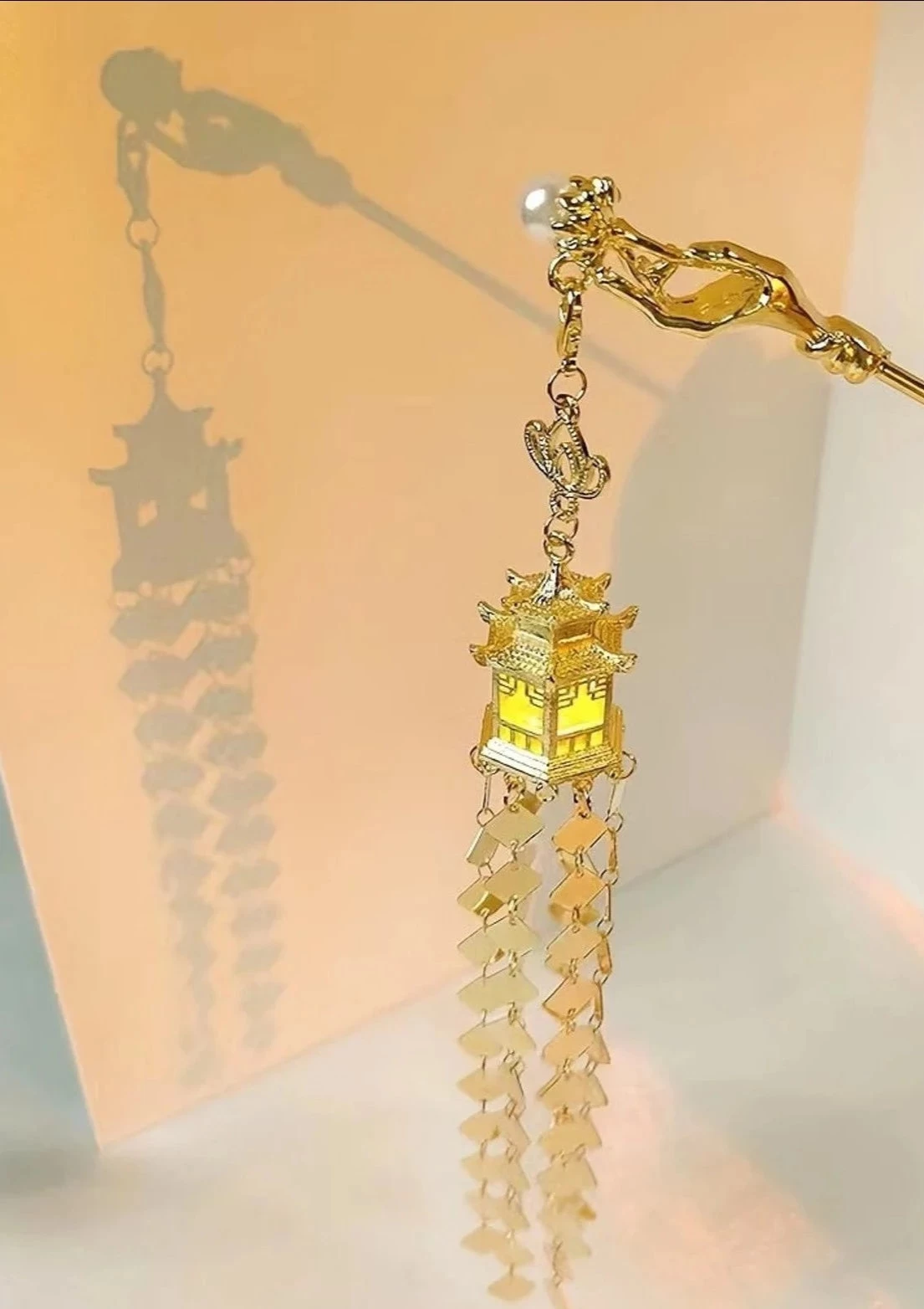 Women Pavilion Lantern Tassel Hairpin Gold Faux Pearl Metal| HANFUBAO