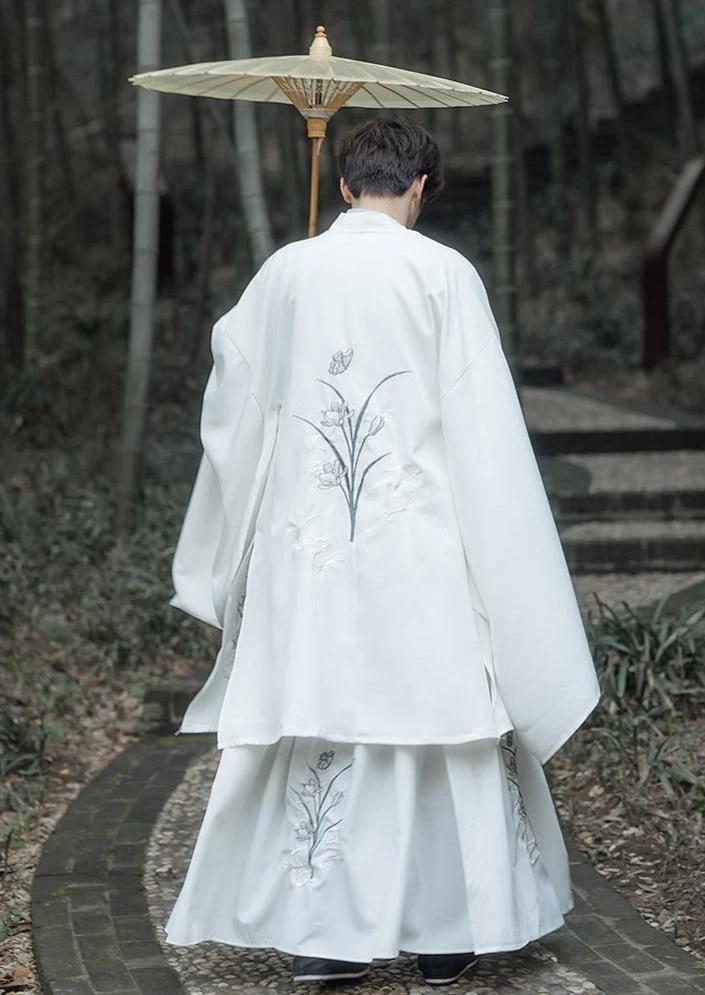Men's Daily Hanfu Set White Orchid Embroidery Yarn  Plus Size | HANFUBAO