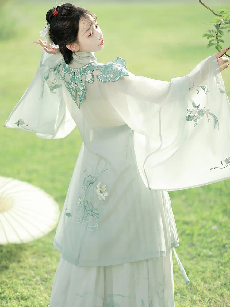 Women Ming Dynasty Hanfu Dress Butterfly Embroidery Chiffon Set Daily Wear | HANFUBAO