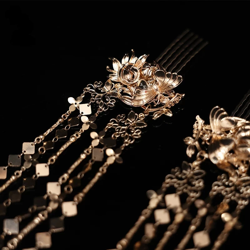 Women Flame Bird Tassel Hairpin Pair Gold Metal Hanfu Wedding Party | HANFUBAO