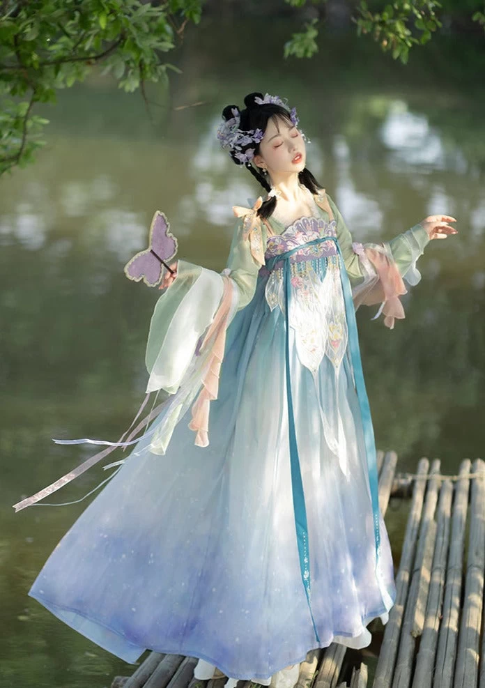 Women's Daily Hanfu 3-Piece Tang Pink Floral Embroidery Chiffon Set | HANFUBAO