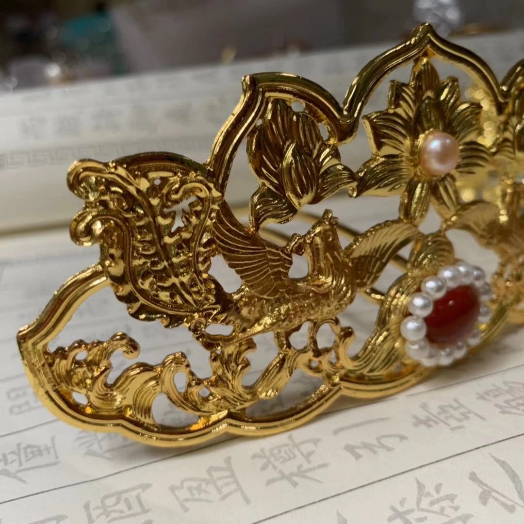 Women Copper Faux Pearl Hairpin Gold Peony Flower Crown | HANFUBAO