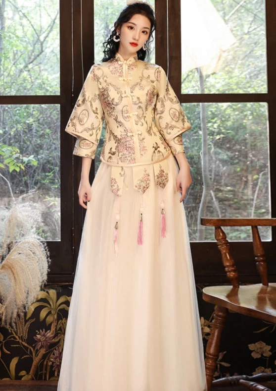 Women's Gold Chinese Style Hanfu Bridesmaid Dress Set Plus Size | HANFUBAO