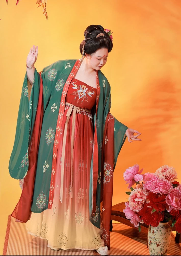 Women Chiffon Modern Plus Size Hanfu Set Green/Red Floral | HANFUBAO