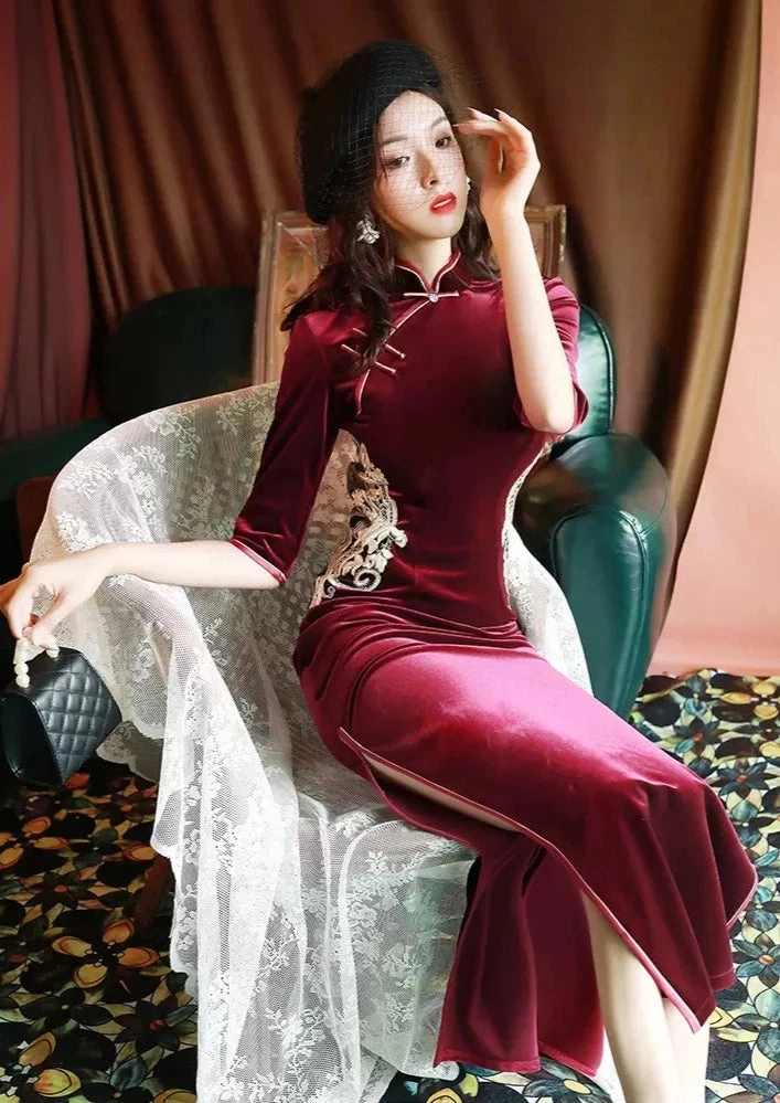 Women's Velvet Qipao Dress Burgundy High Slit| HANFUBAO