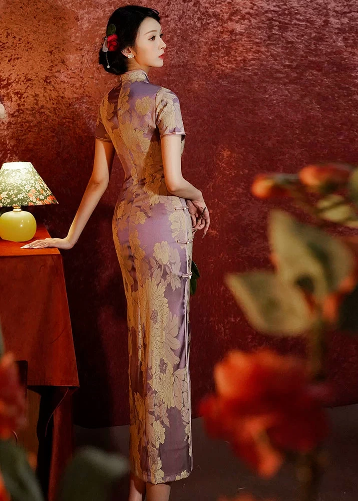 Women Satin Modern Hanfu Qipao Purple Peony Print | HANFUBAO