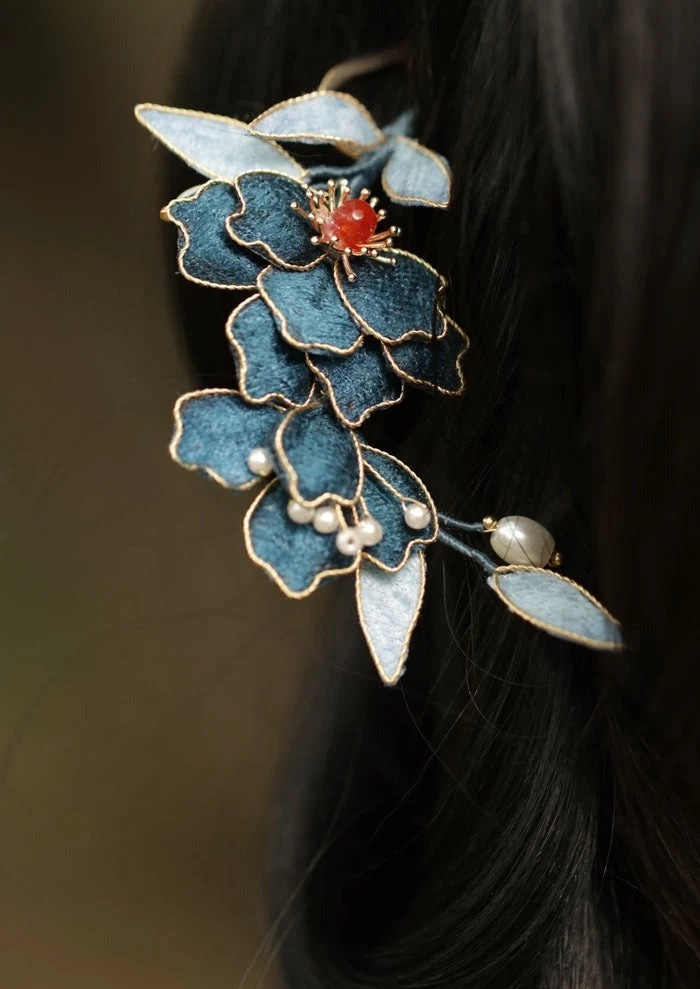 Women Floral Blue Lotus Fabric Hairpin with Faux Pearl 12cm| HANFUBAO