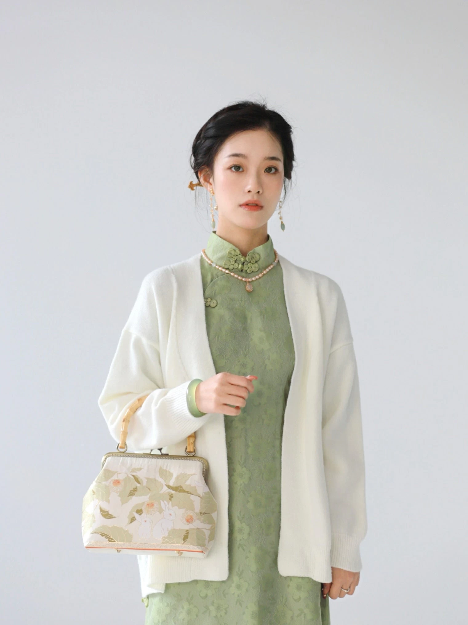 Women's Vintage Green Mandarin Collar Qipao Dress, Polyester-Rayon | HANFUBAO