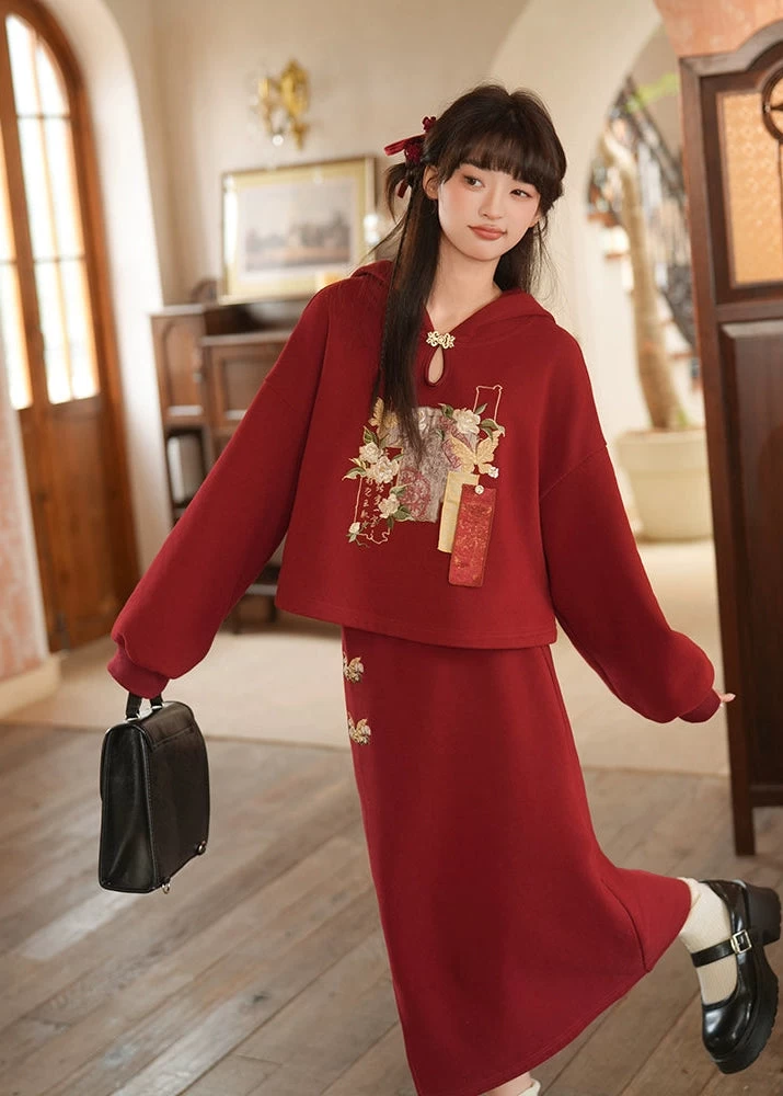 Women’s 2-Piece Modern Daily Hanfu Hoodie Set Jasmine Scroll Print| HANFUBAO