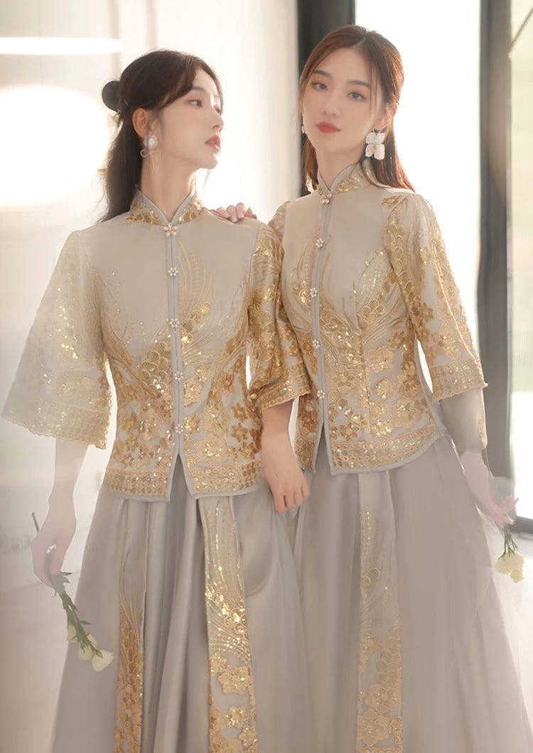 Women Chinese Style Hanfu Dress Set Gray  Bridal Party | HANFUBAO