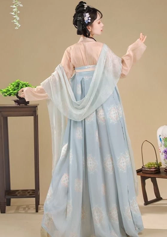 Women Tang Dynasty Daily Hanfu Set Chiffon Floral Plus Size | HANFUBAO