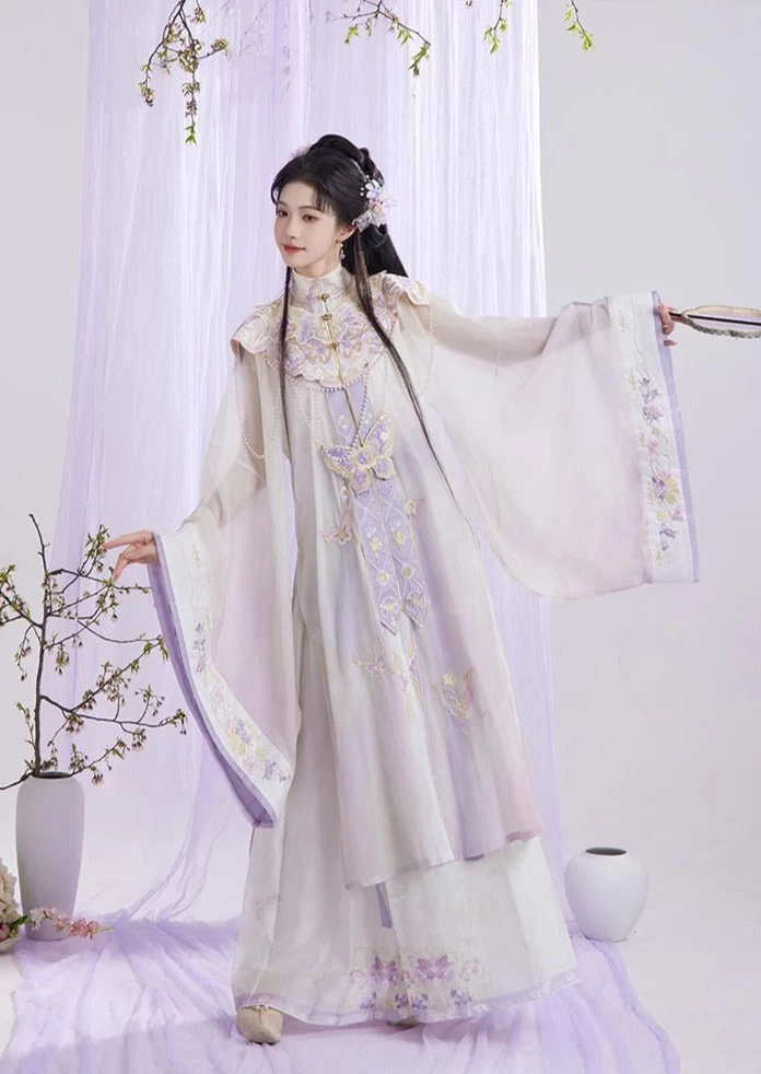 Women Modern Daily Hanfu Yarn Set Purple Floral Embroidery Plus Size | HANFUBAO