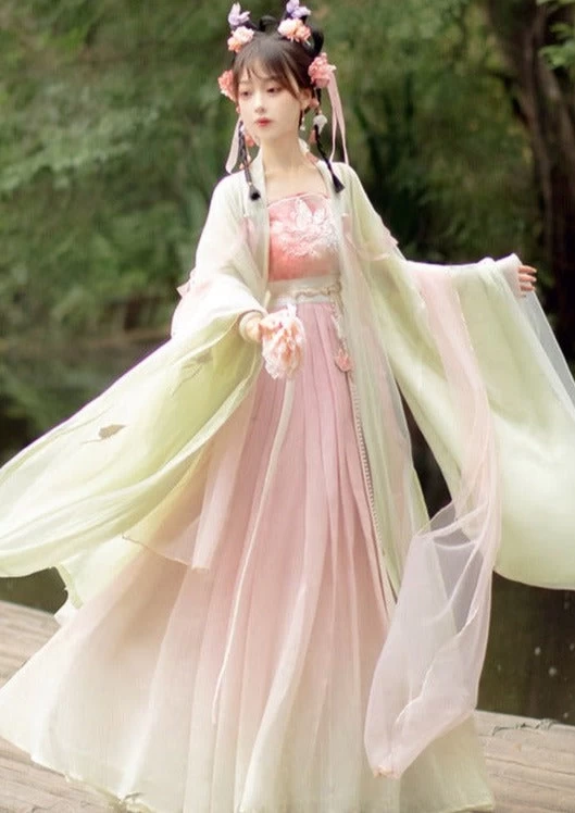 Women 5-Piece Pink Summer Hanfu Dress Set, Chiffon Scarf Daily Wear | HANFUBAO