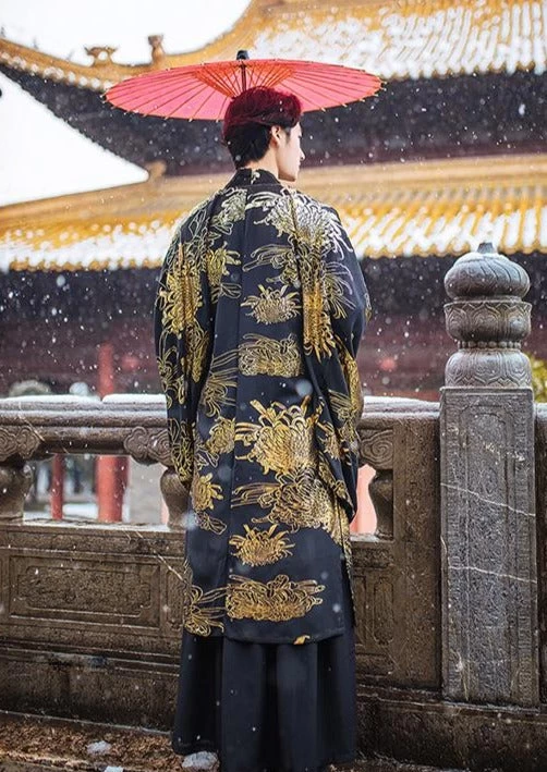 Men Modern Hanfu Couple Set Black Gold Daisy  Daily Wear | HANFUBAO