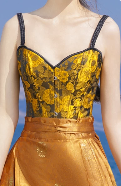 Women’s 2-Piece Modern MaMian Skirt Hanfu Set Gilded Gold | HANFUBAO